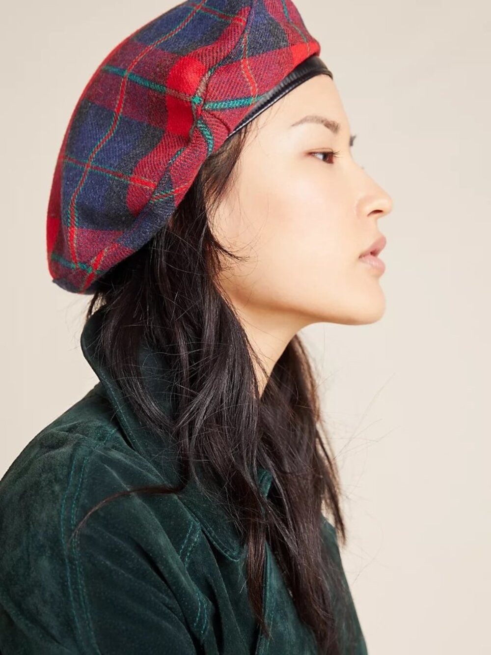 Anthro Helene Berman Portia Red Wool Plaid Beret